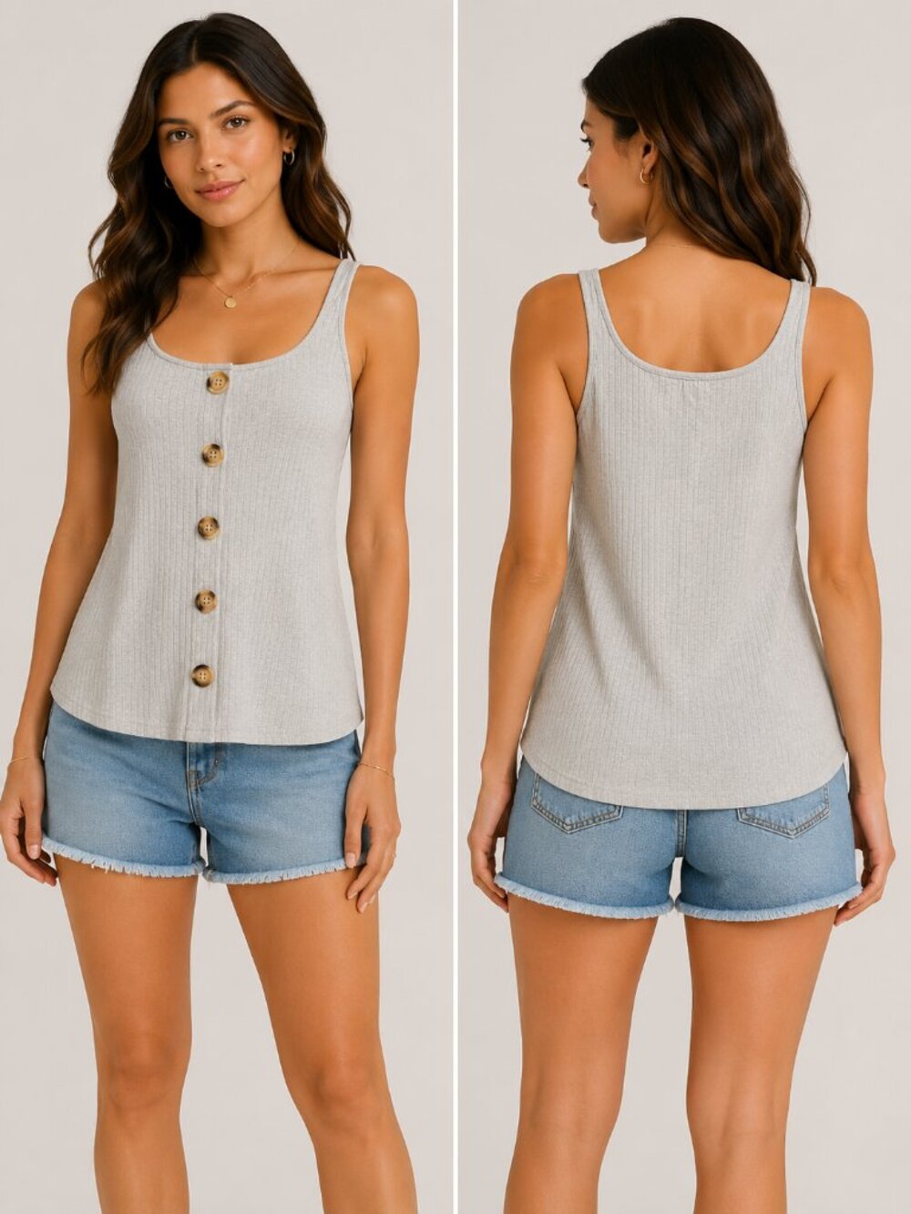 Coquette Ribbed Tank Top Button Front Gray Minimalist Casual SHEIN L